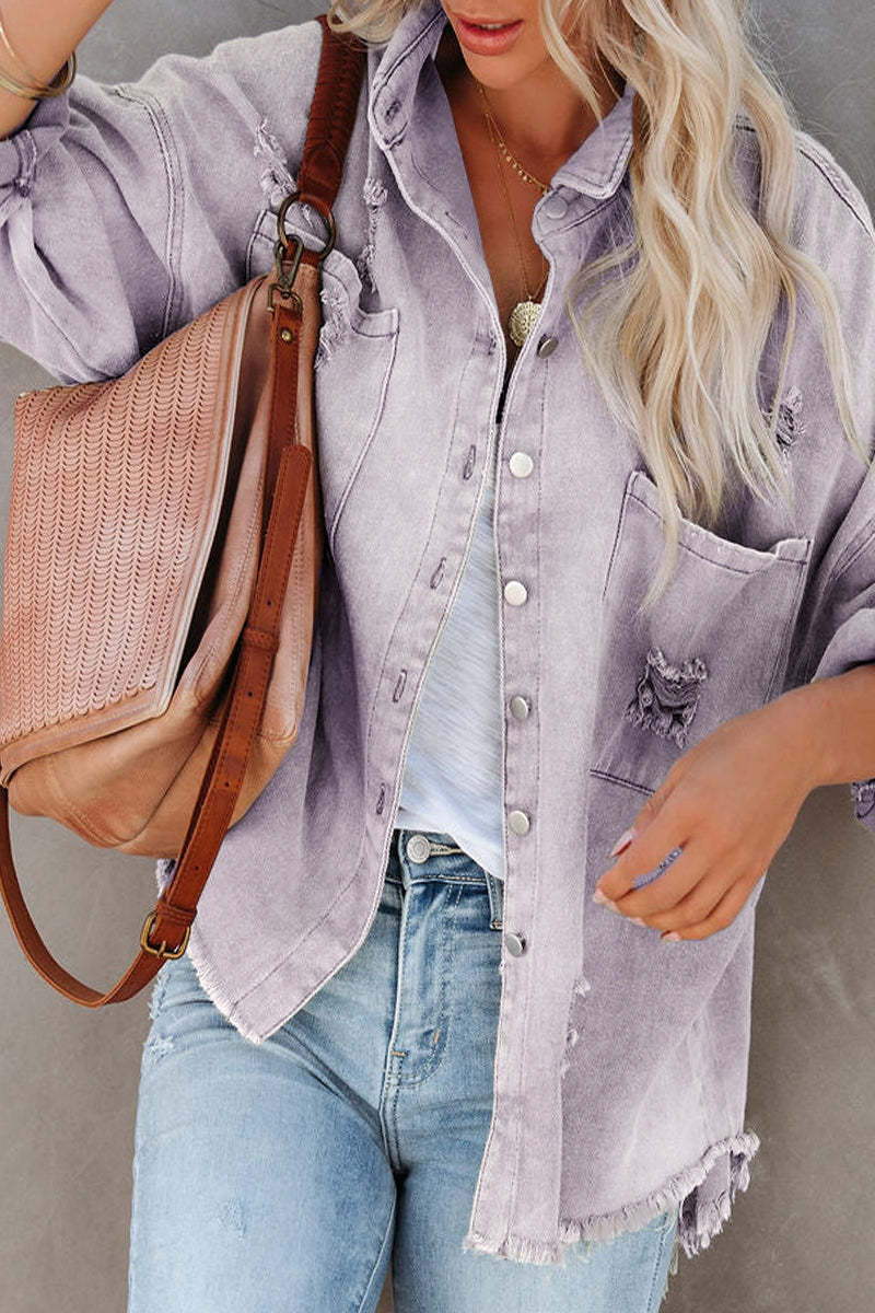 Solid Color Ripped Denim Jacket