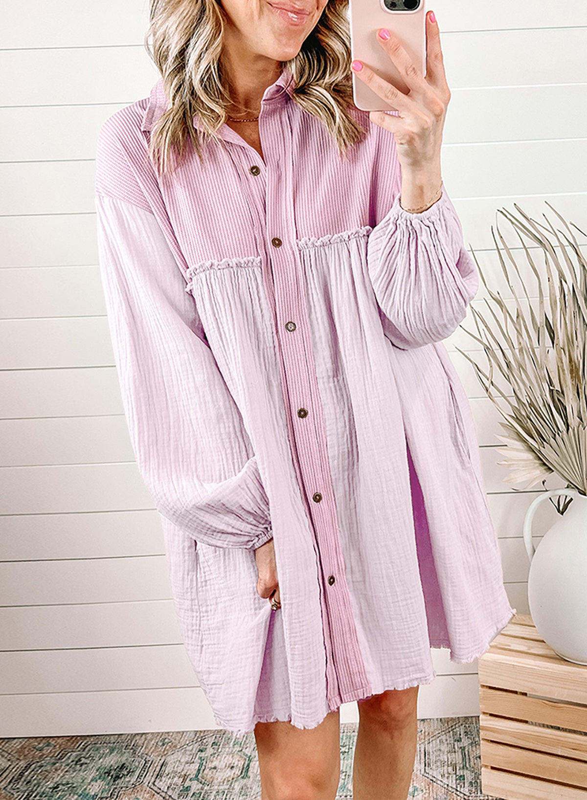 Patchwork Crinkle Puff Sleeve Shirt Dress