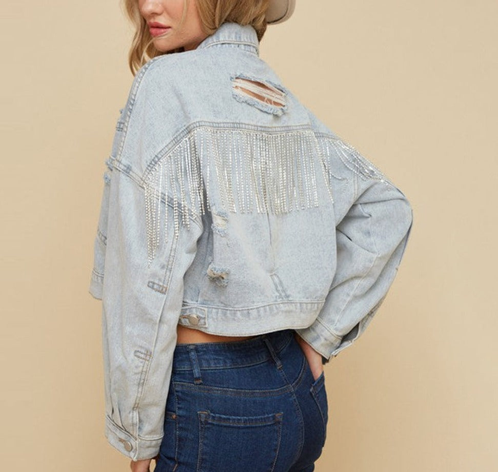 Rhinestone Fringed Denim Jacket