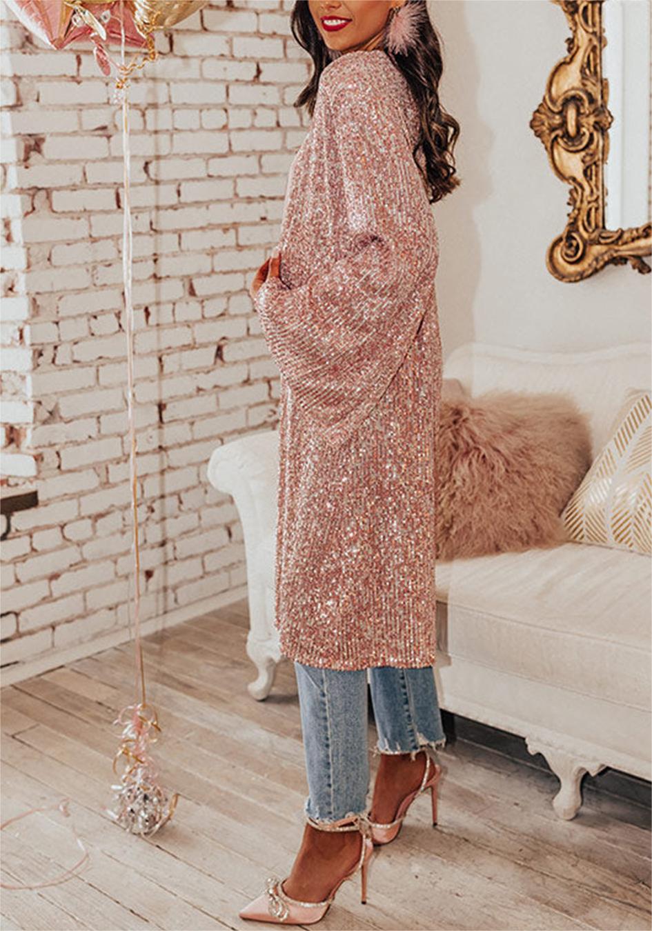 Pink Flare Sleeve Sequin Cardigan