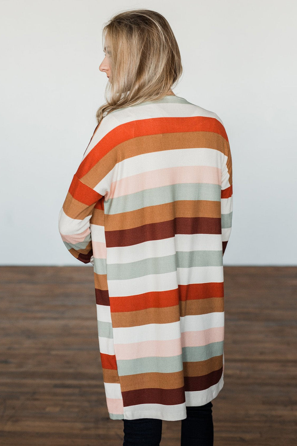 Striped Print Pockets Open Front Cardigan