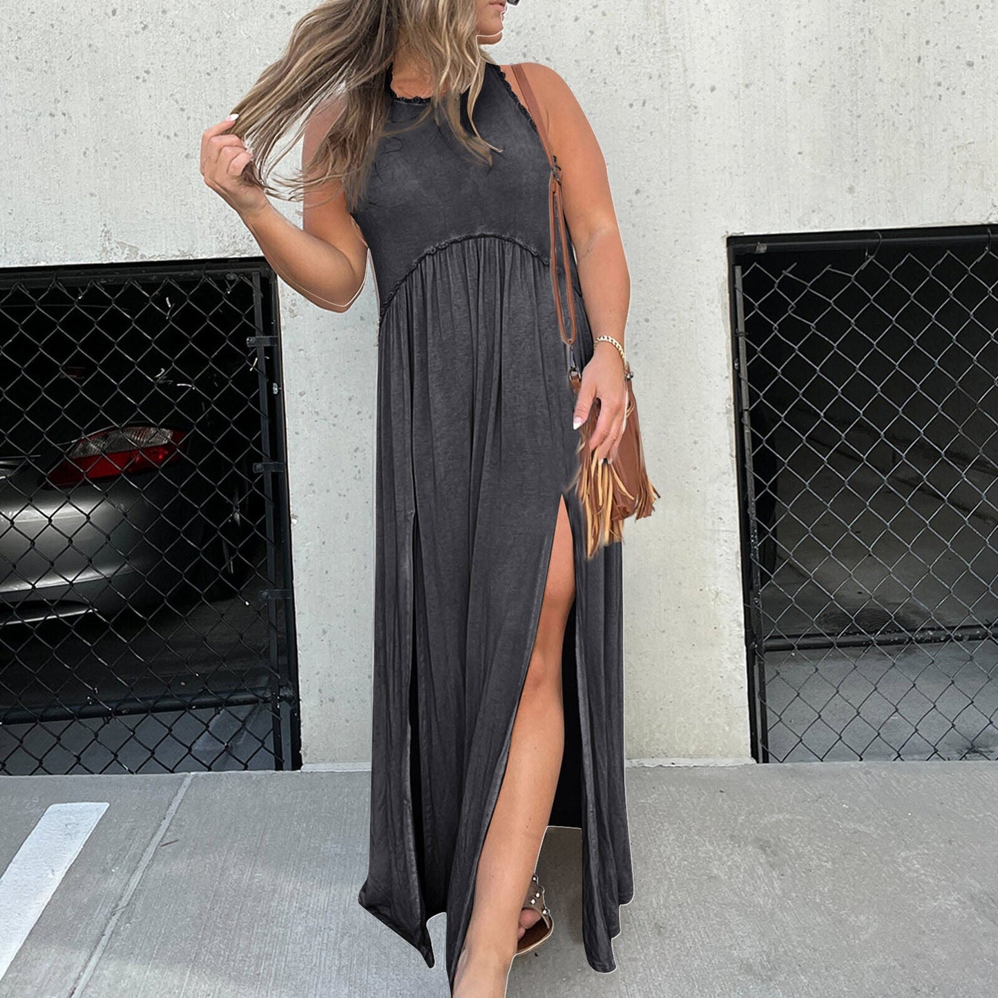 Solid Color Sleeveless High Waist Slit Dress