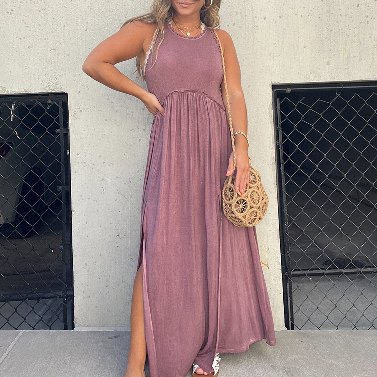 Solid Color Sleeveless High Waist Slit Dress