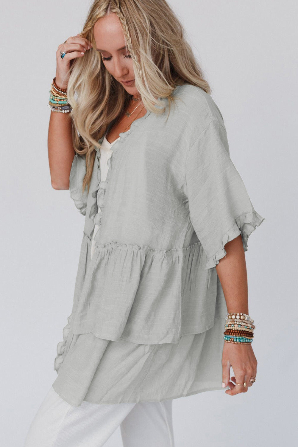 Ruffled Trim Half Sleeve Kimono