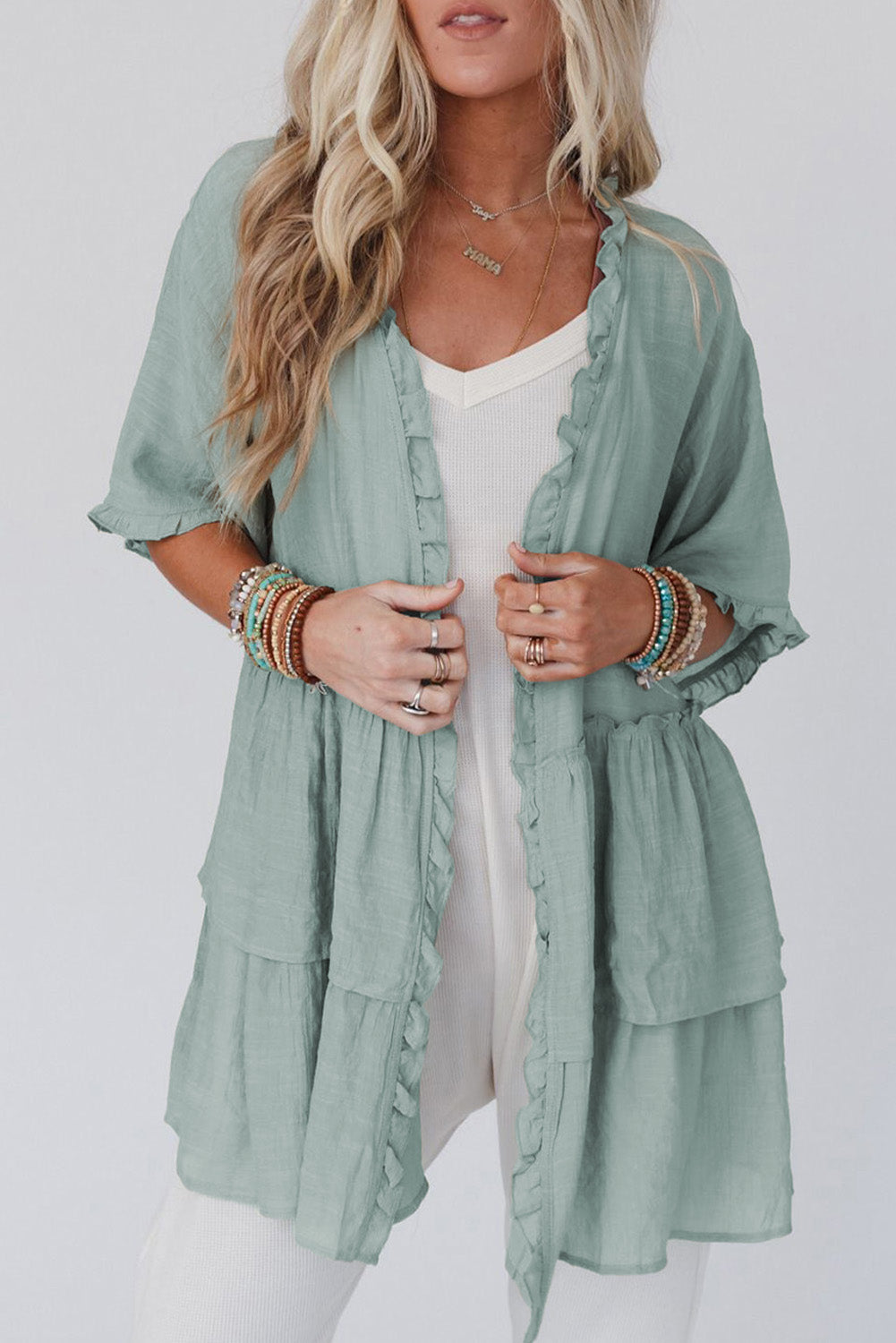 Ruffled Trim Half Sleeve Kimono