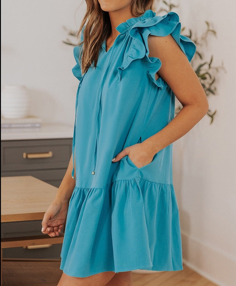 V Neck Flutter Trim Dress