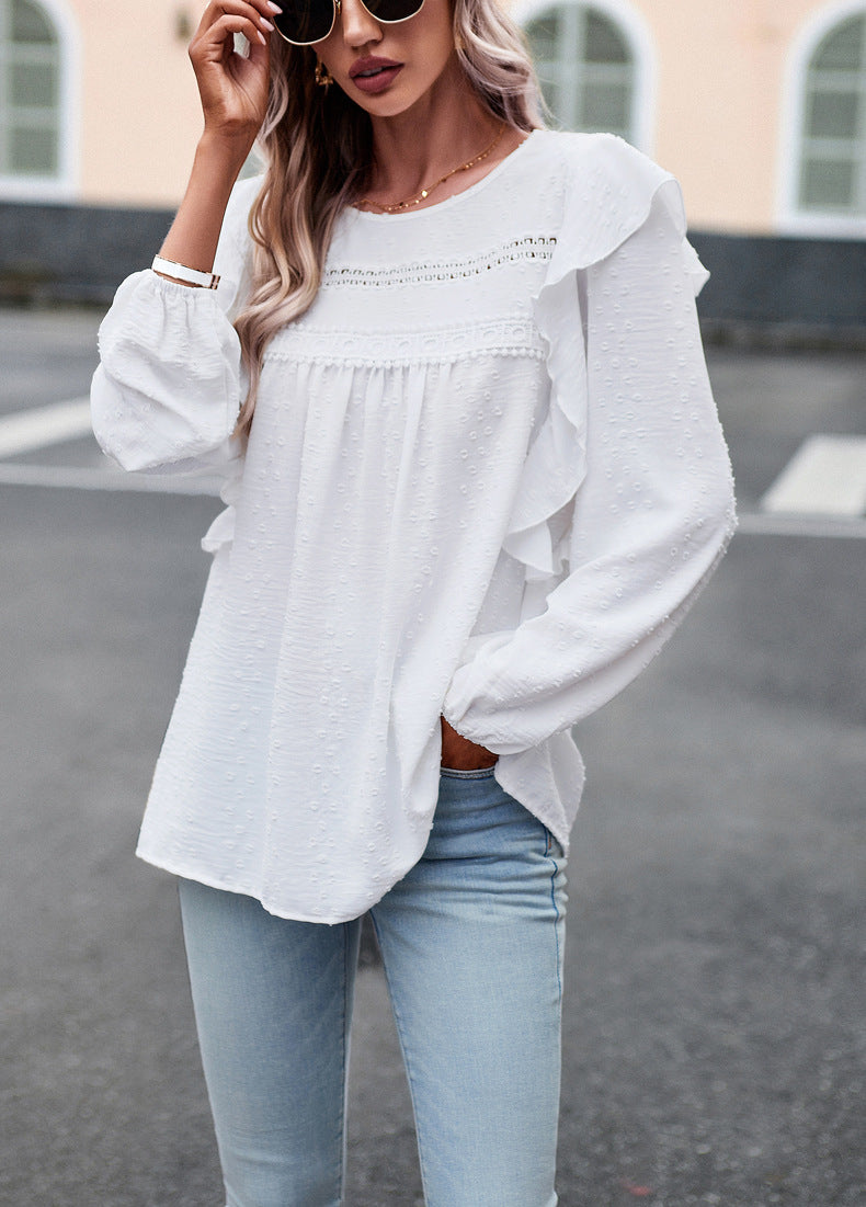 Lace Eyelet Ruffle Shoulder Long Sleeve Blouse