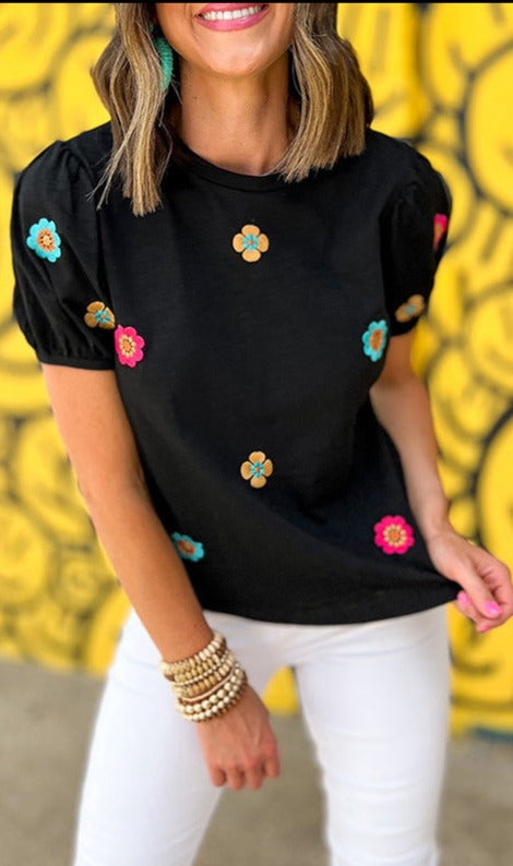 Embroidered Flower Puff Sleeve Tee