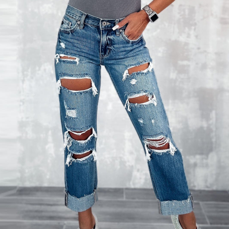 High Waist Ripped Straight Leg Jeans