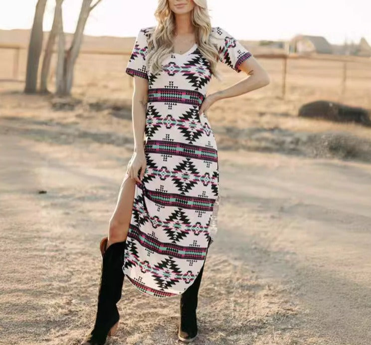 Western Geometric Pattern Maxi Dress