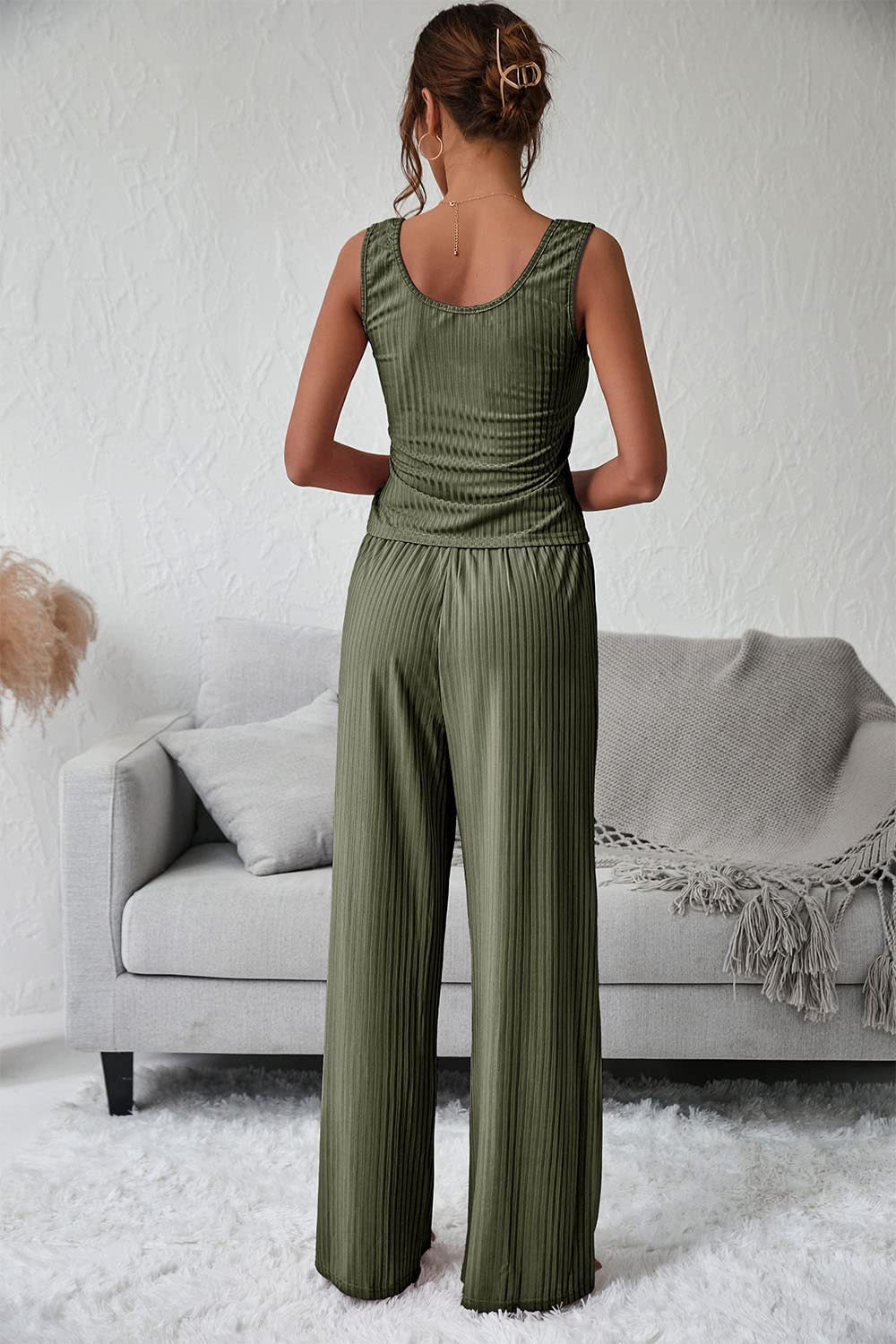 V-neck Solid Color Sleeveless Top + Trousers