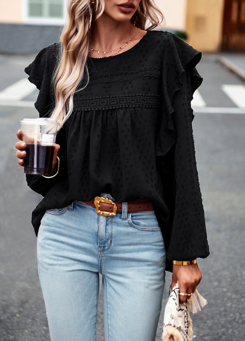 Lace Eyelet Ruffle Shoulder Long Sleeve Blouse