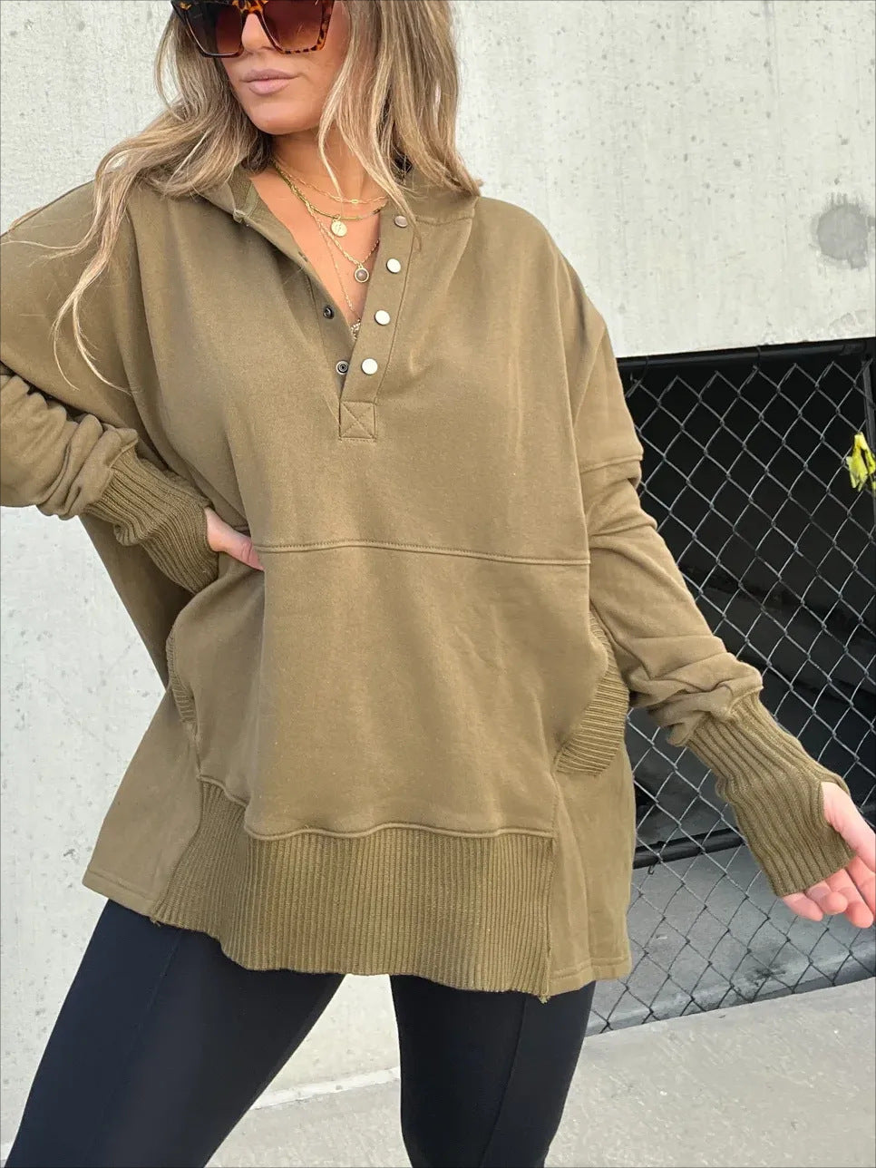 Buttoned V-neck Hooded Top