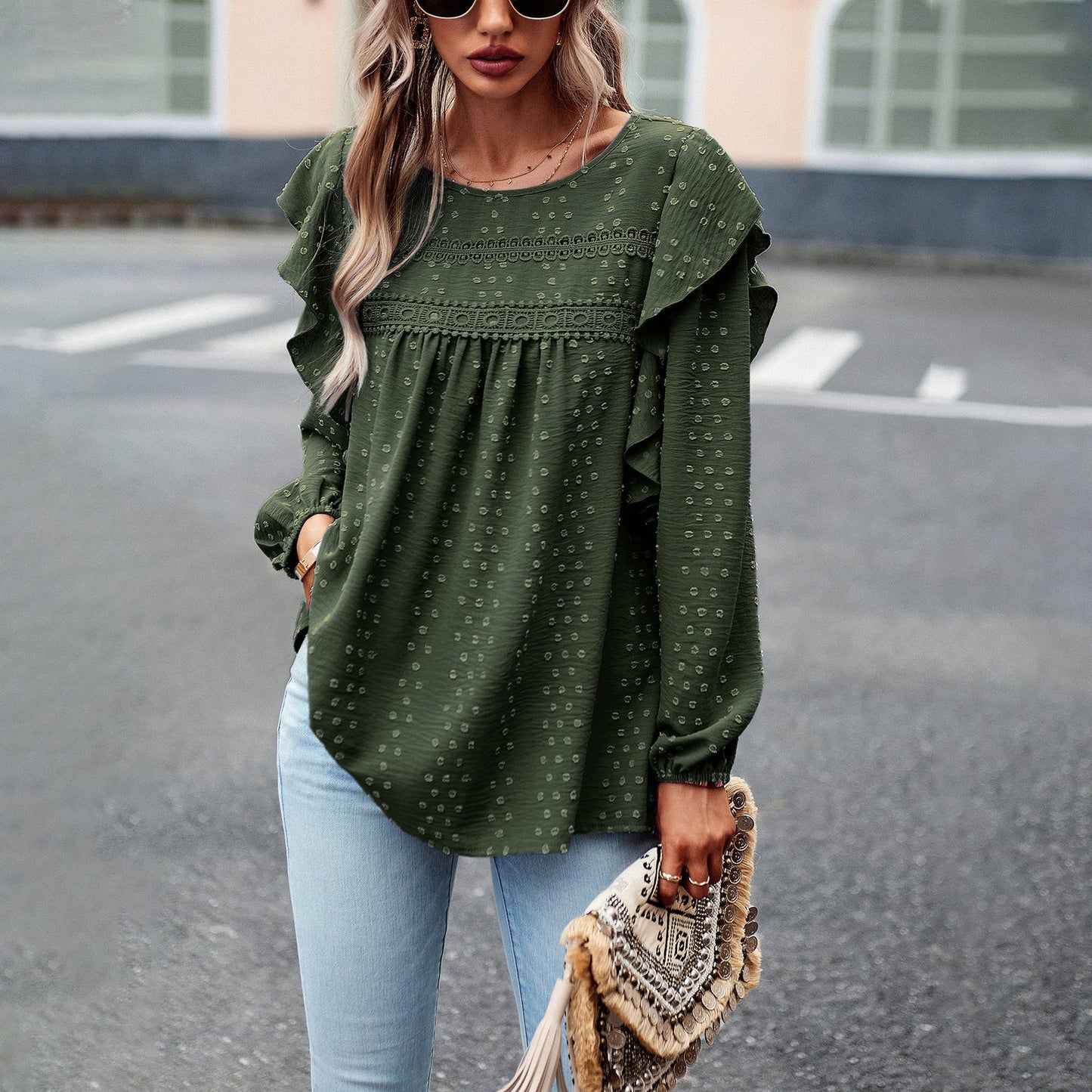 Lace Eyelet Ruffle Shoulder Long Sleeve Blouse