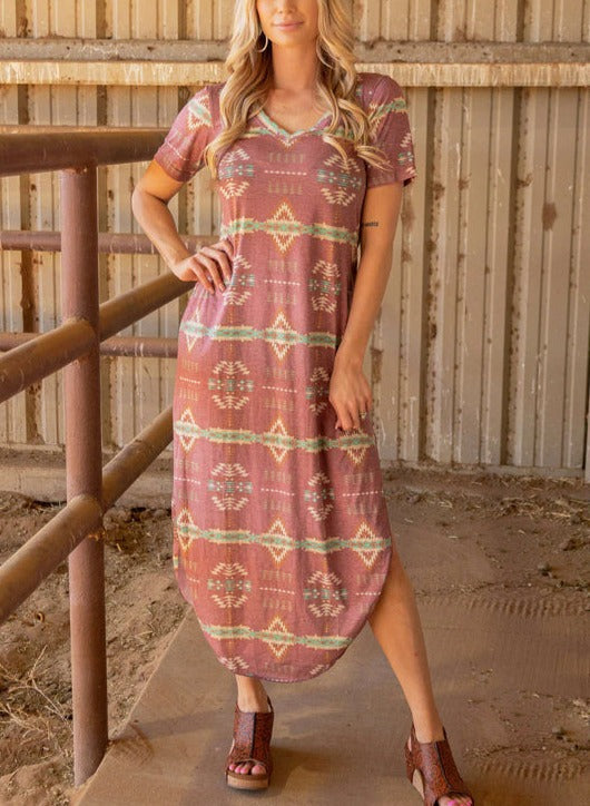 Western Geometric Pattern Maxi Dress