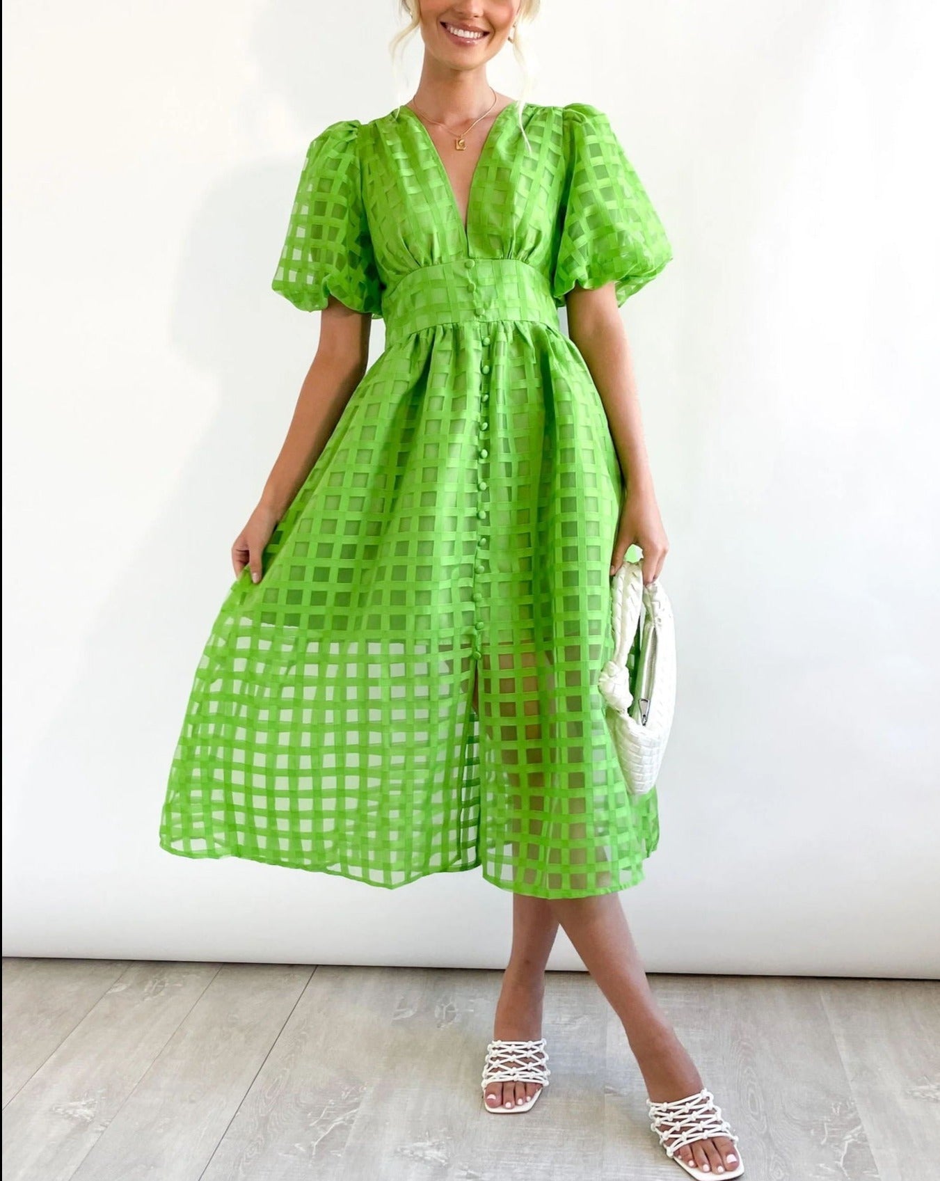 Solid Color Balloon Sleeve Dress