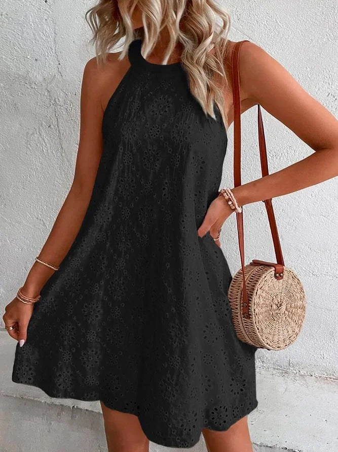 Boho Eyelet Pattern Halter Neck Sleeveless Dress