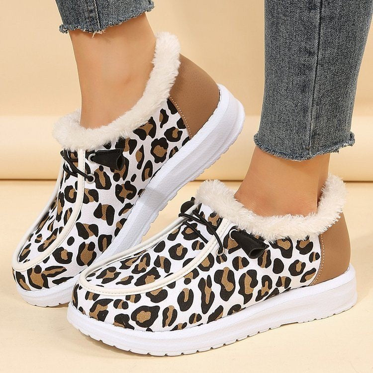 Leopard-Print Fleece Flat Slip-On Loafers