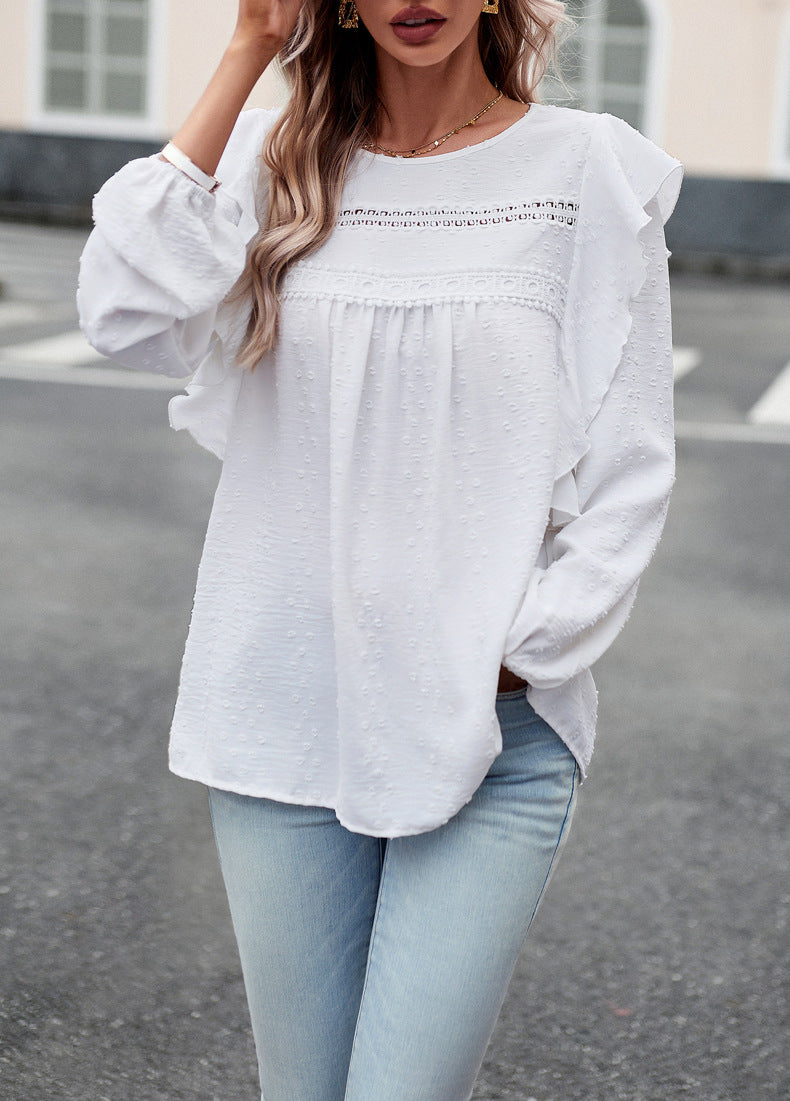 Lace Eyelet Ruffle Shoulder Long Sleeve Blouse