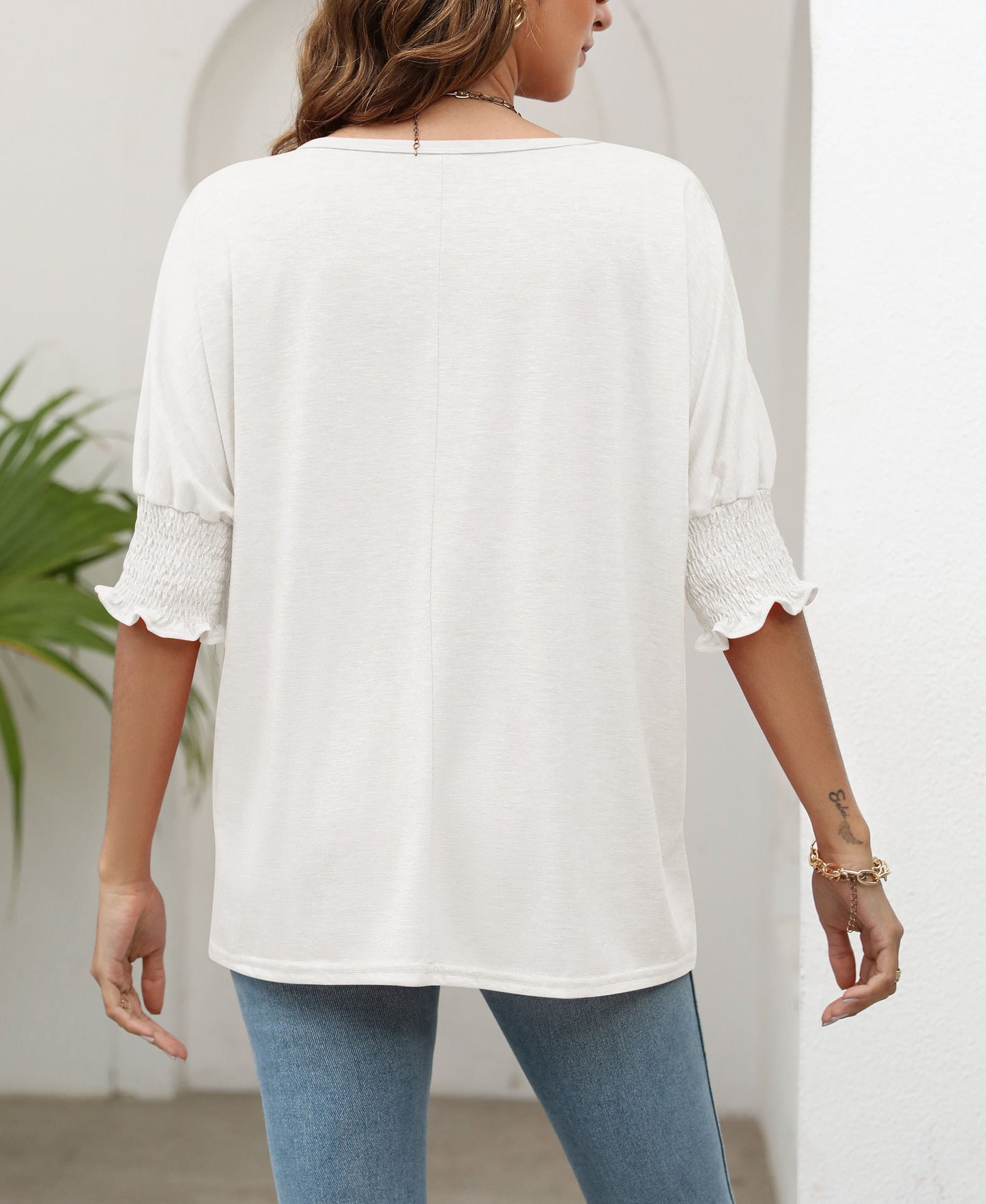 Plain Smocked 3/4 Sleeve Casual Loose T Shirt