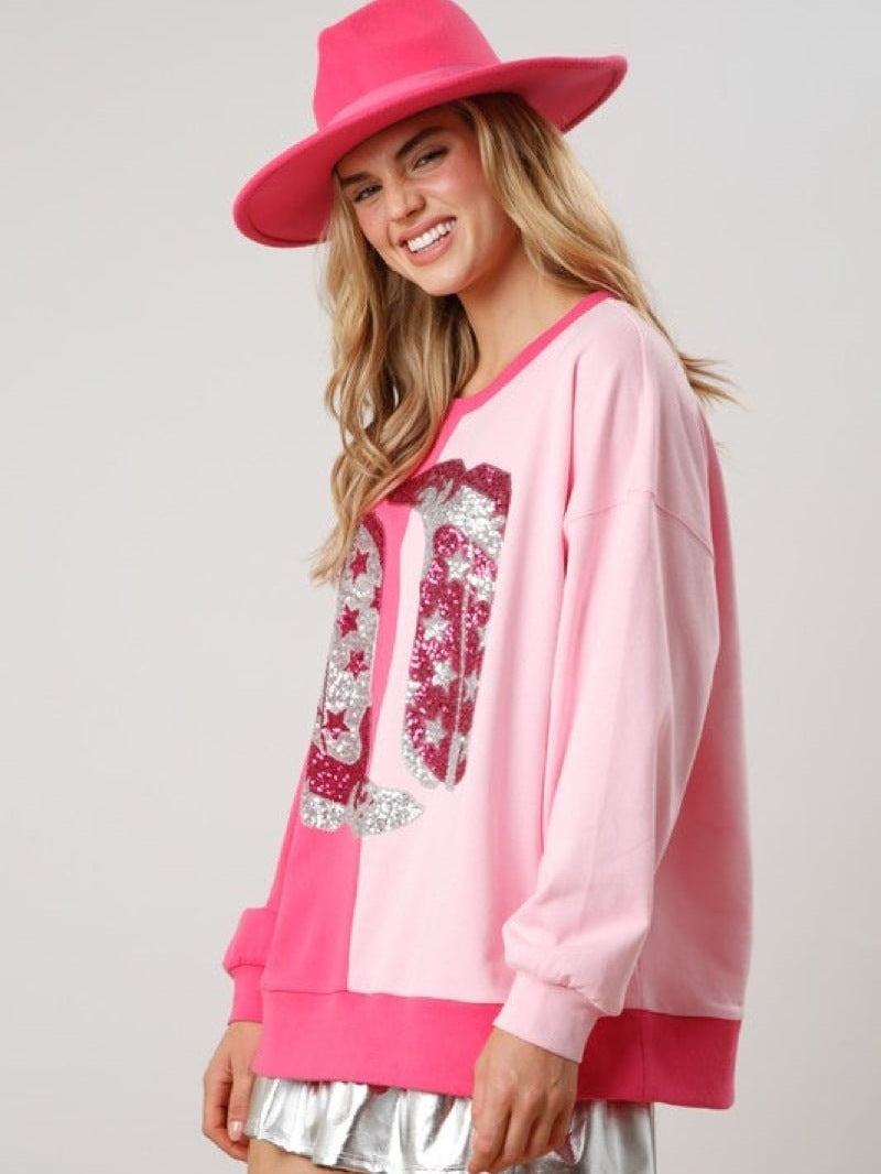 Valentine's Day Pink Boots Sequin Sweatshirt