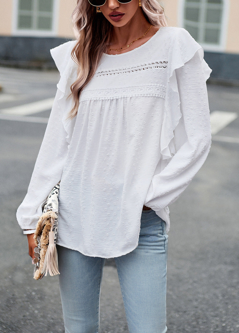 Lace Eyelet Ruffle Shoulder Long Sleeve Blouse