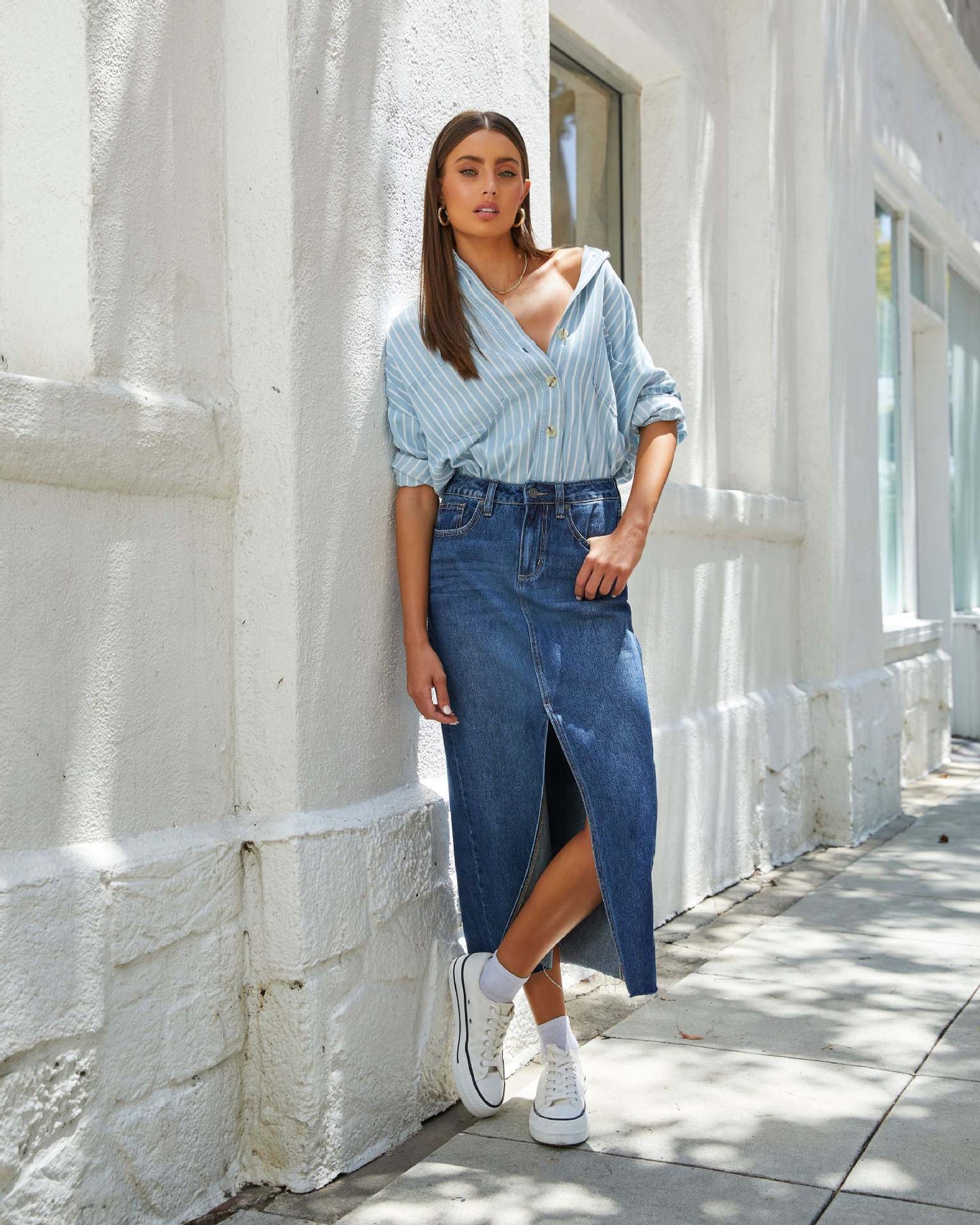 High Waist Mid Length Split Denim Skirt