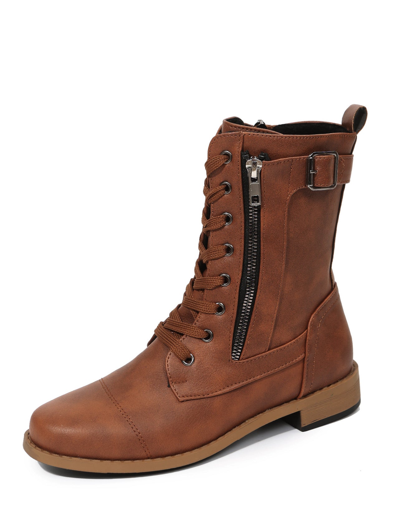 Chestnut Buckle Strap Zipper Decor Lace-up Leather Boots