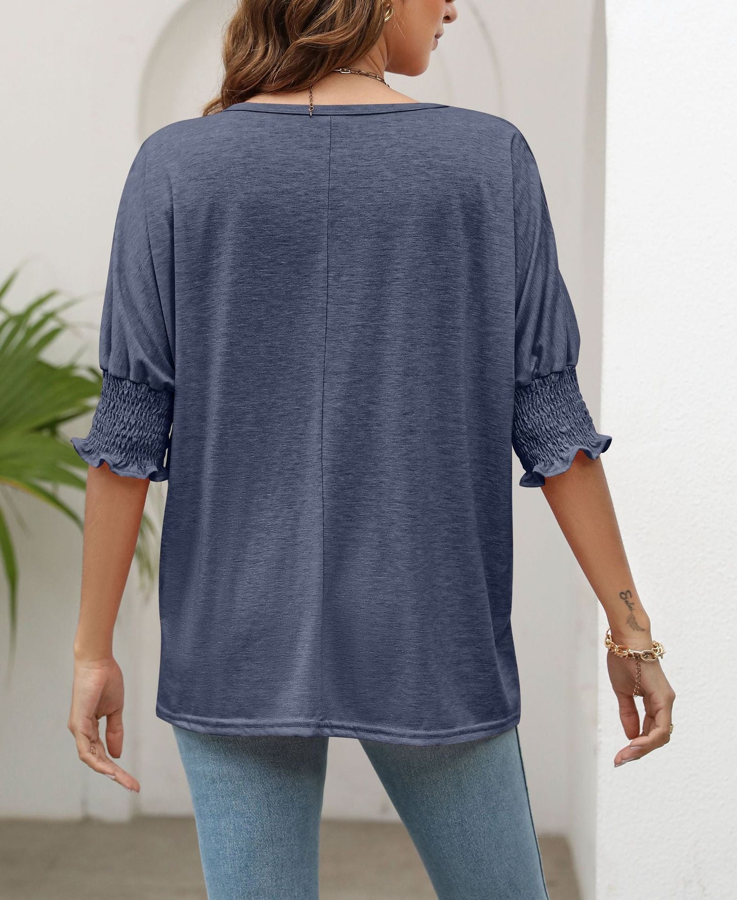 Plain Smocked 3/4 Sleeve Casual Loose T Shirt