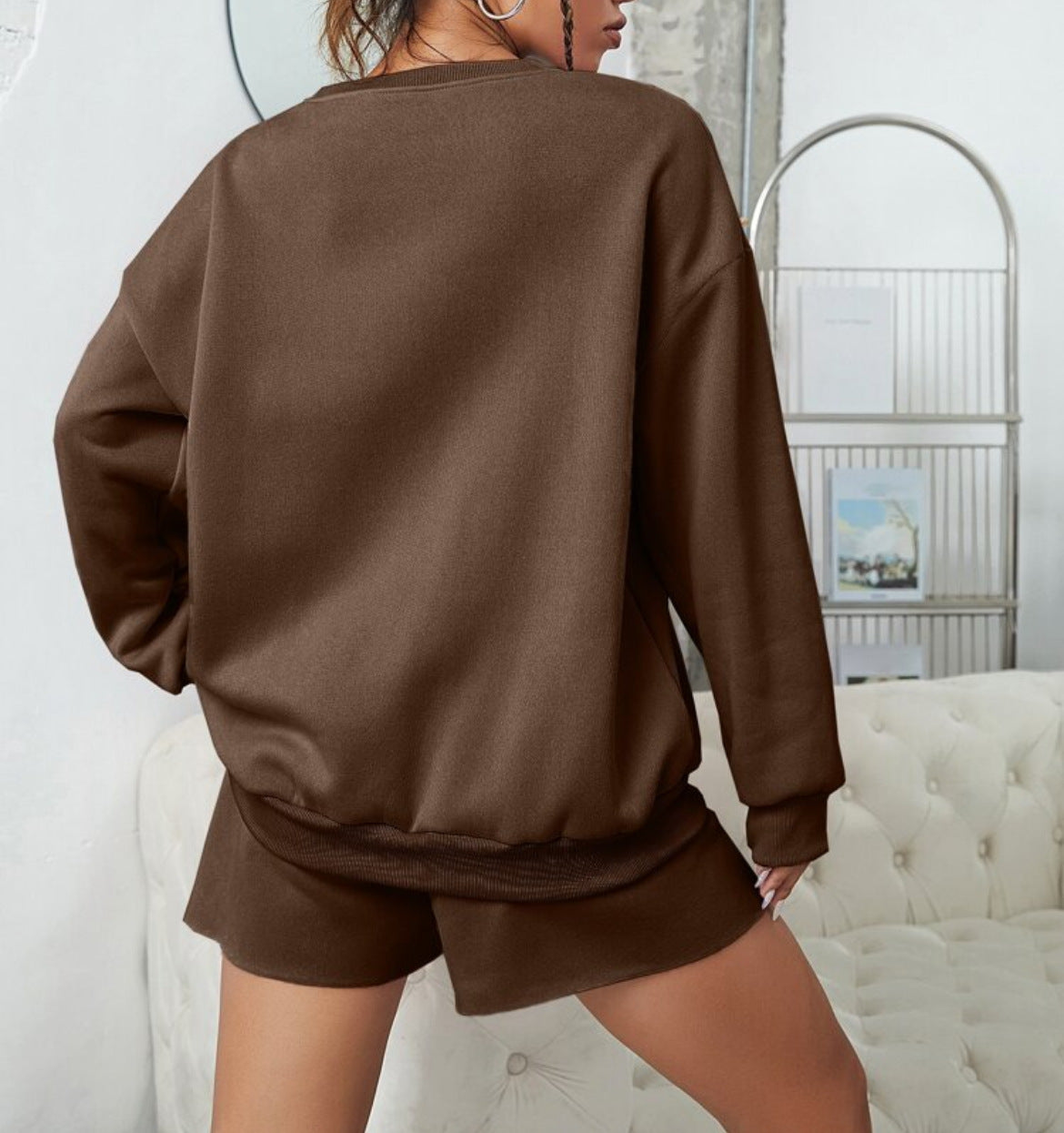 Solid Color Crew Neck Sweatshirt + Shorts Set