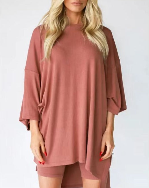 Casual Solid Color Loose T-shirt + Tight Shorts Set