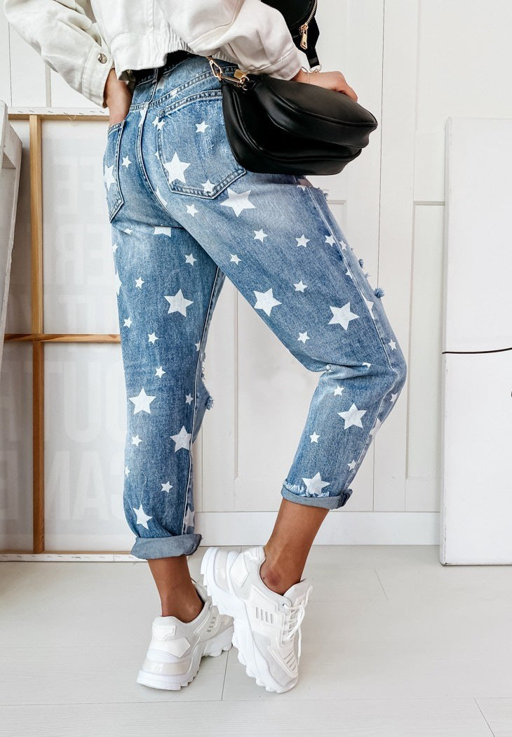 Star Print Ripped Denim Trousers