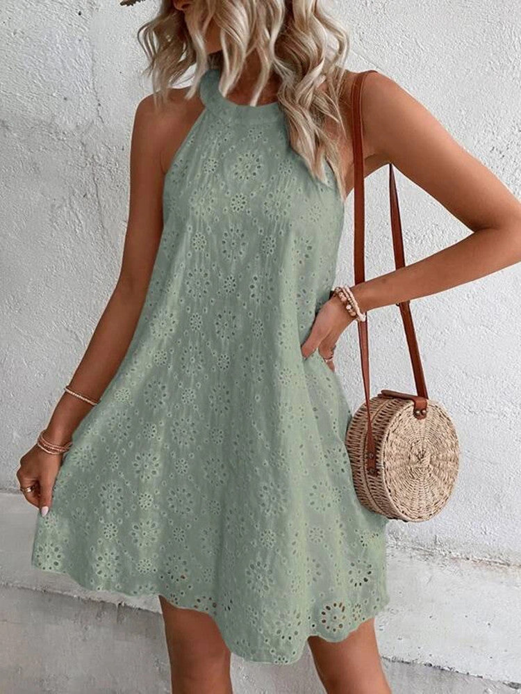 Boho Eyelet Pattern Halter Neck Sleeveless Dress