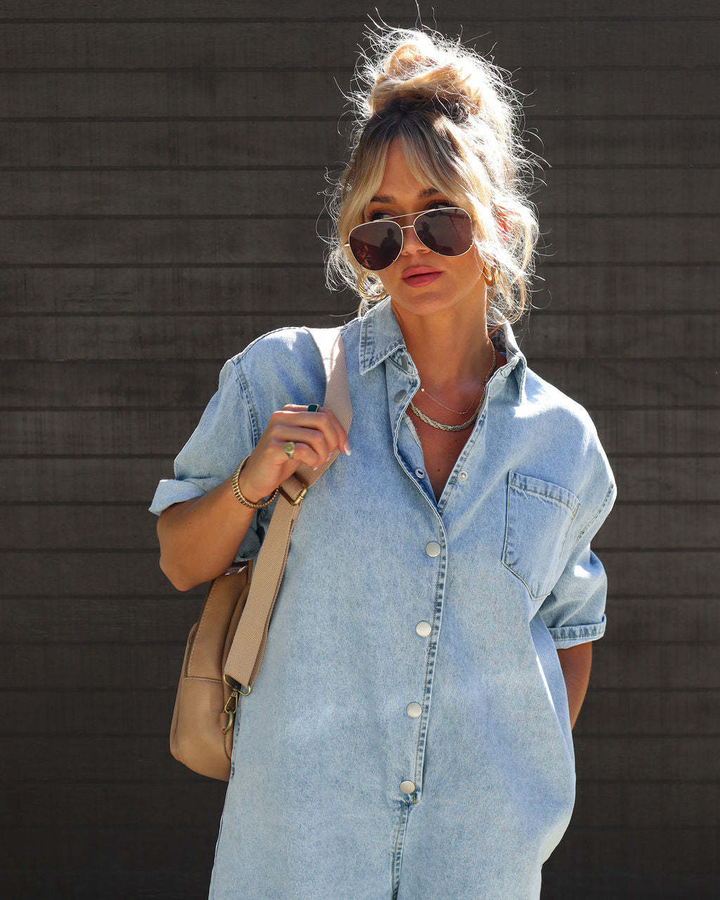 Lapel Short Sleeve Denim Jumpsuit