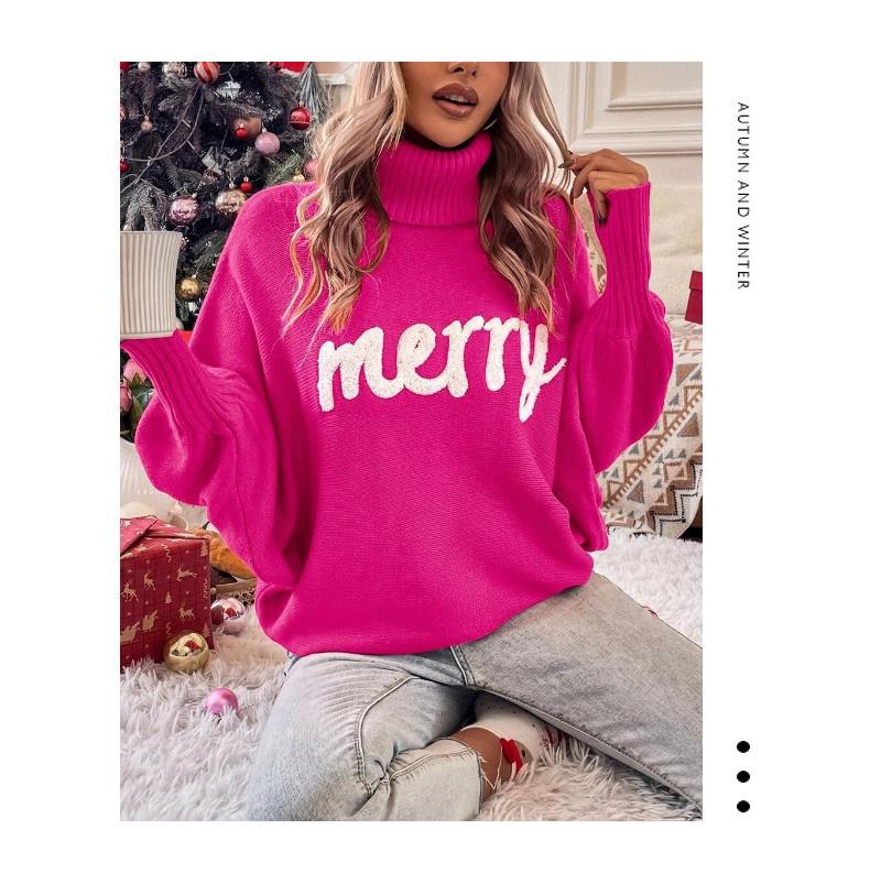 Turtle Neck Batwing Sleeve Merry Christmas Sweater