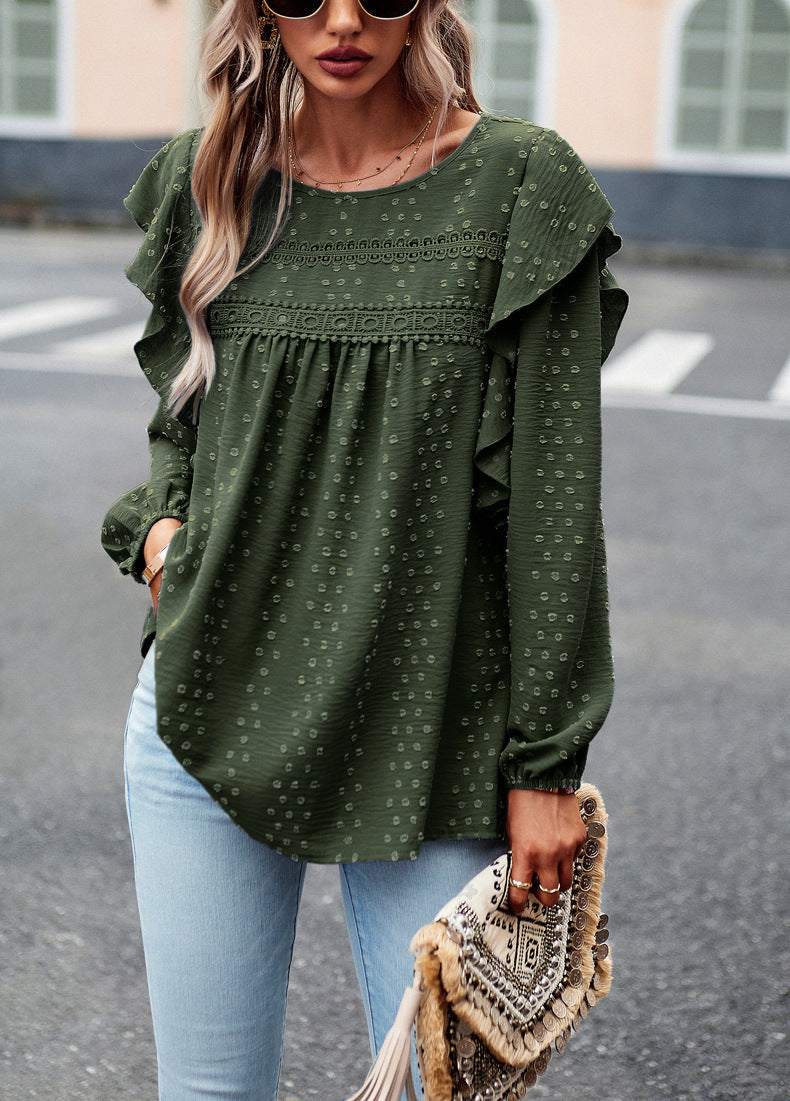 Lace Eyelet Ruffle Shoulder Long Sleeve Blouse