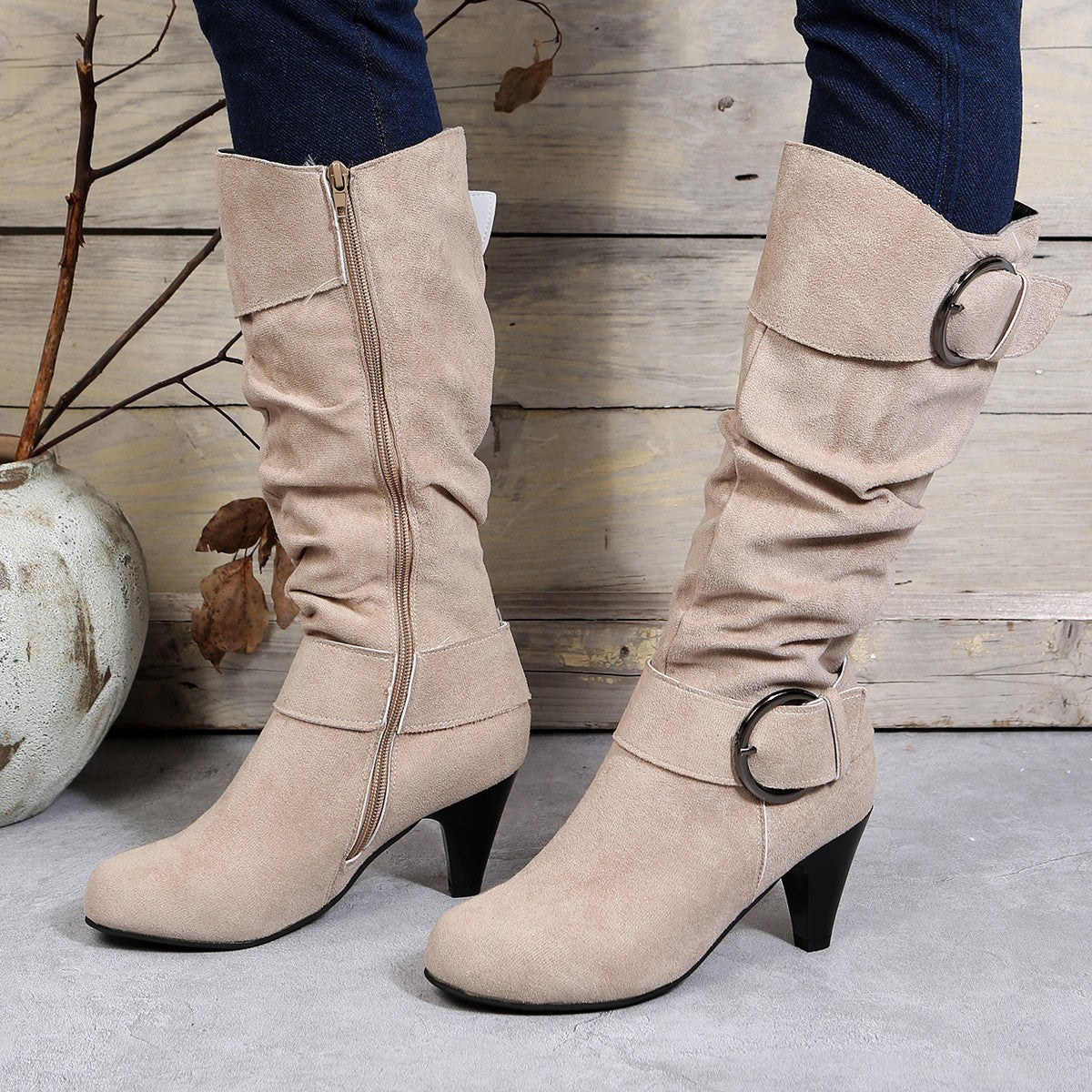 Pointed Toe Buckle Decor Zipper Heeled Boots