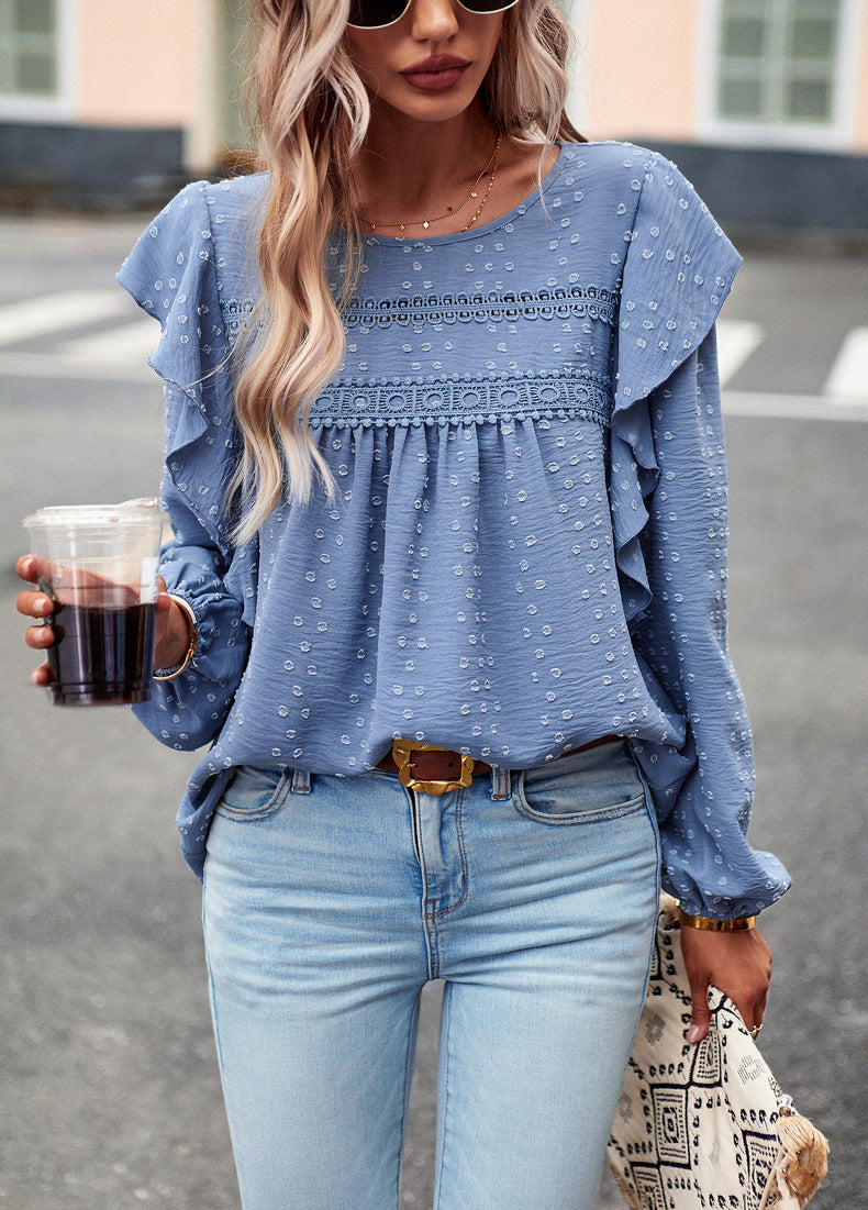 Lace Eyelet Ruffle Shoulder Long Sleeve Blouse