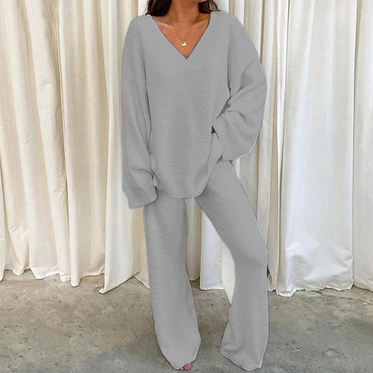 Solid Color V-neck Warm Loungewear Set