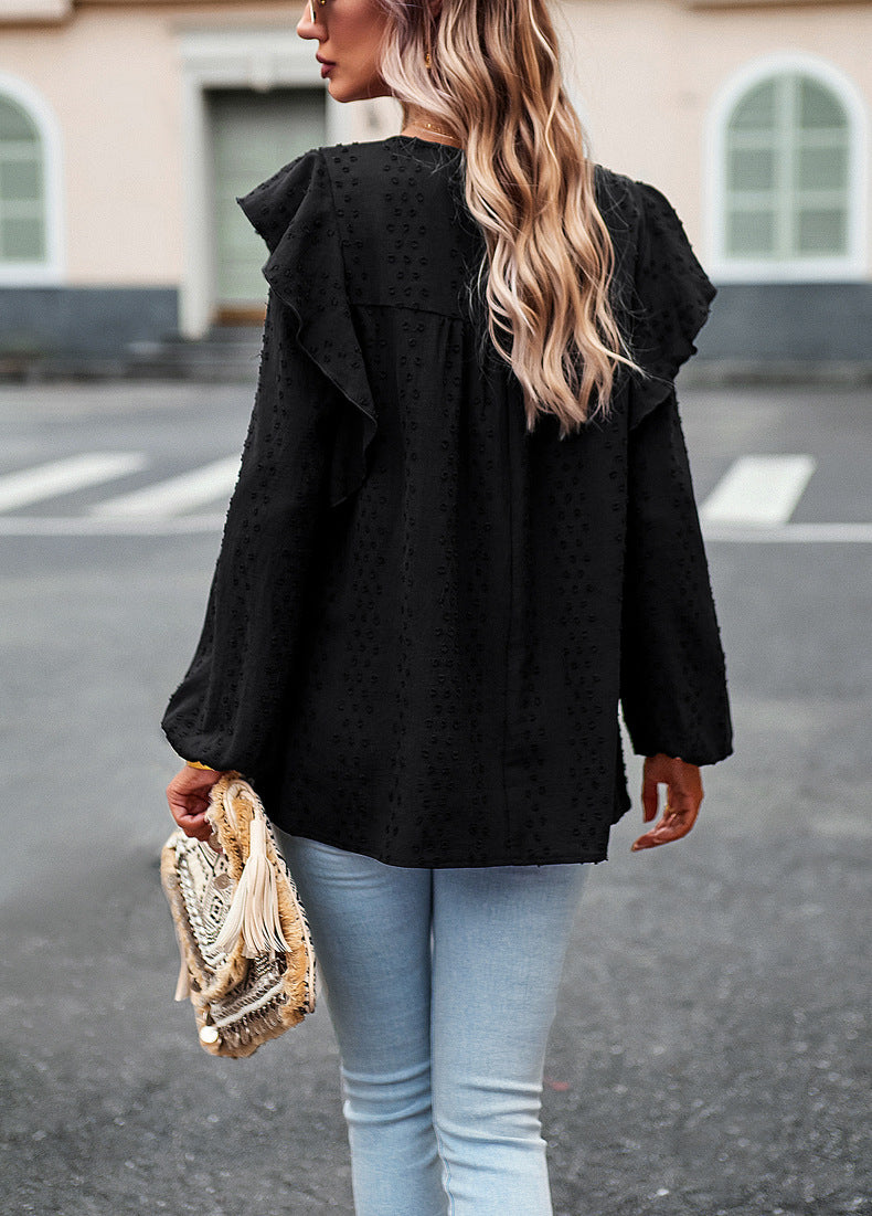 Lace Eyelet Ruffle Shoulder Long Sleeve Blouse