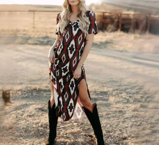 Western Geometric Pattern Maxi Dress