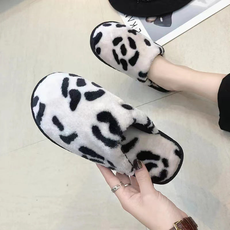 Leopard Plush Thick Cotton Slippers