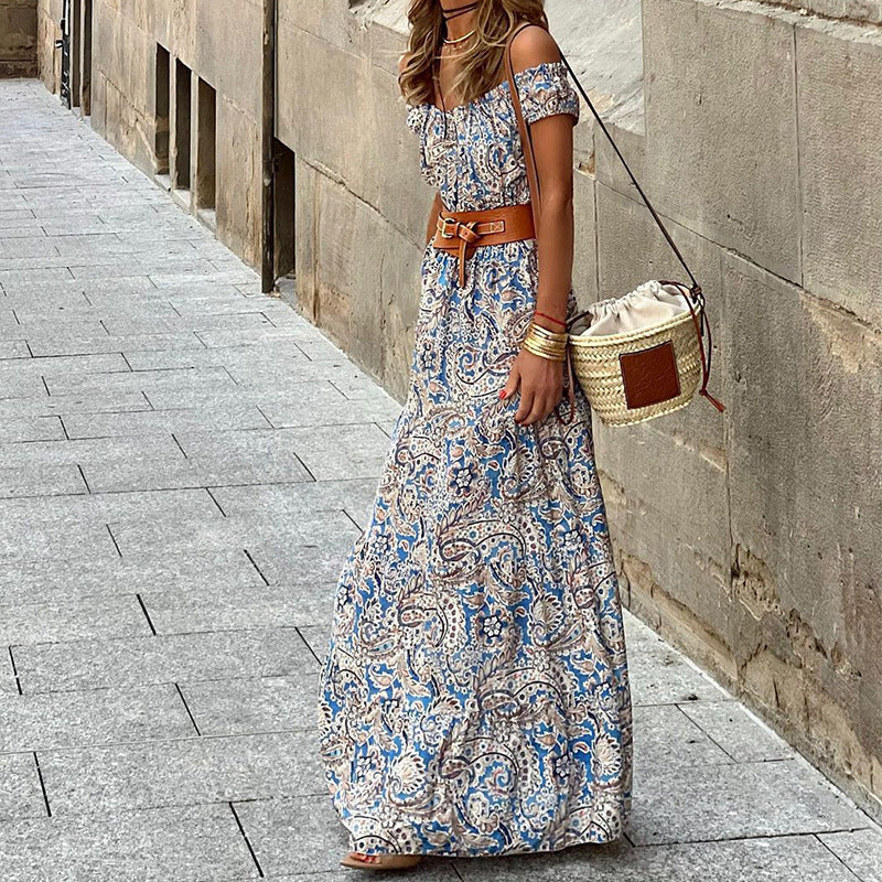 Boho Paisley Print Off Shoulder Maxi Dress-With Belt