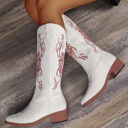 Bright White Leather Embroidered Western Cowgirl Boots