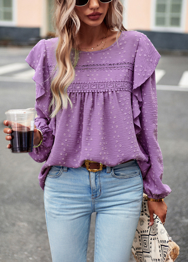 Lace Eyelet Ruffle Shoulder Long Sleeve Blouse