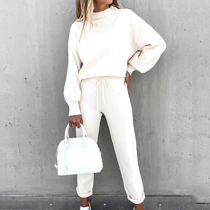 Solid Color High Collar Casual Top+pants Two-piece Set