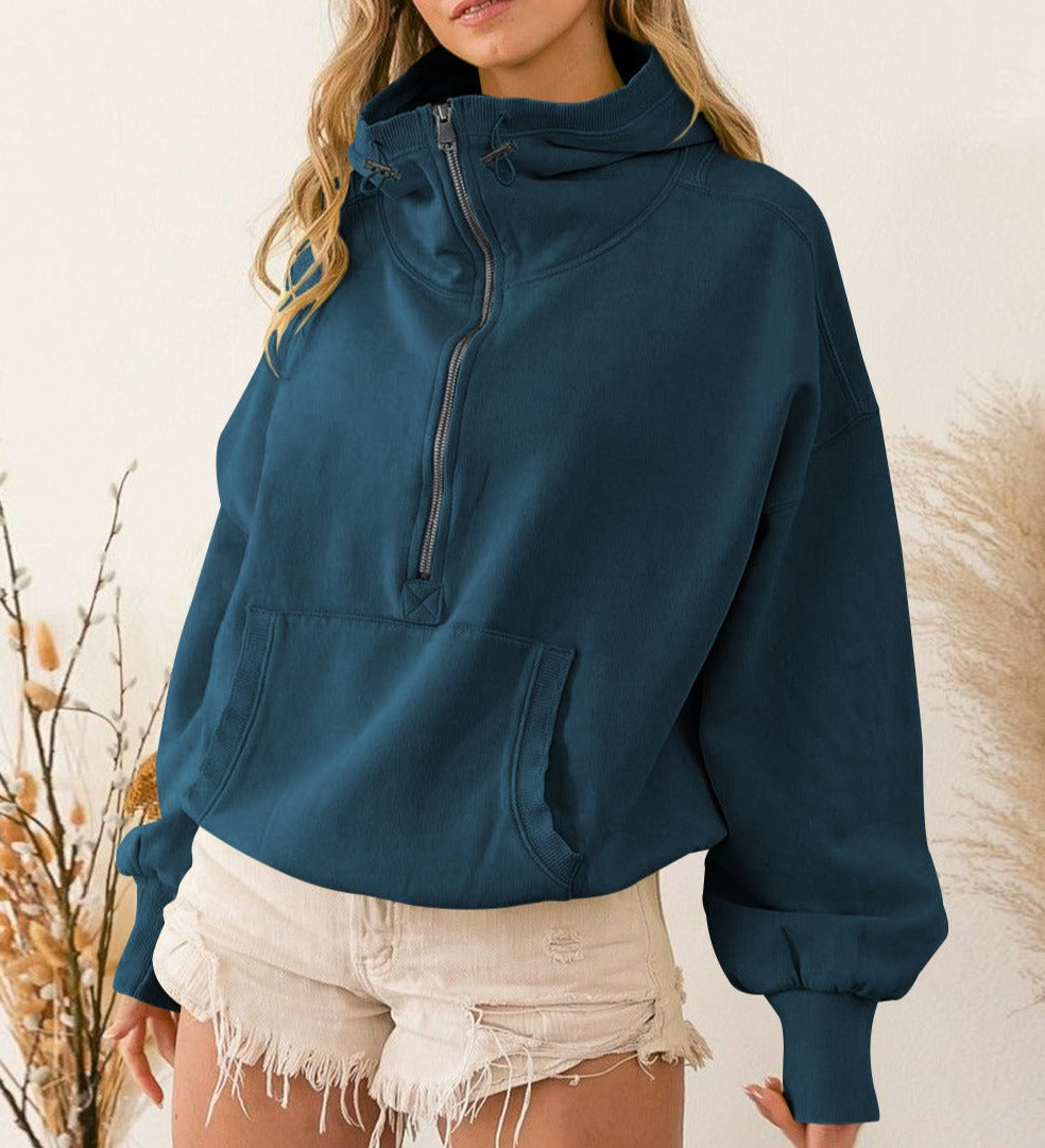 Solid Color Zipper Drawstring Hoodie