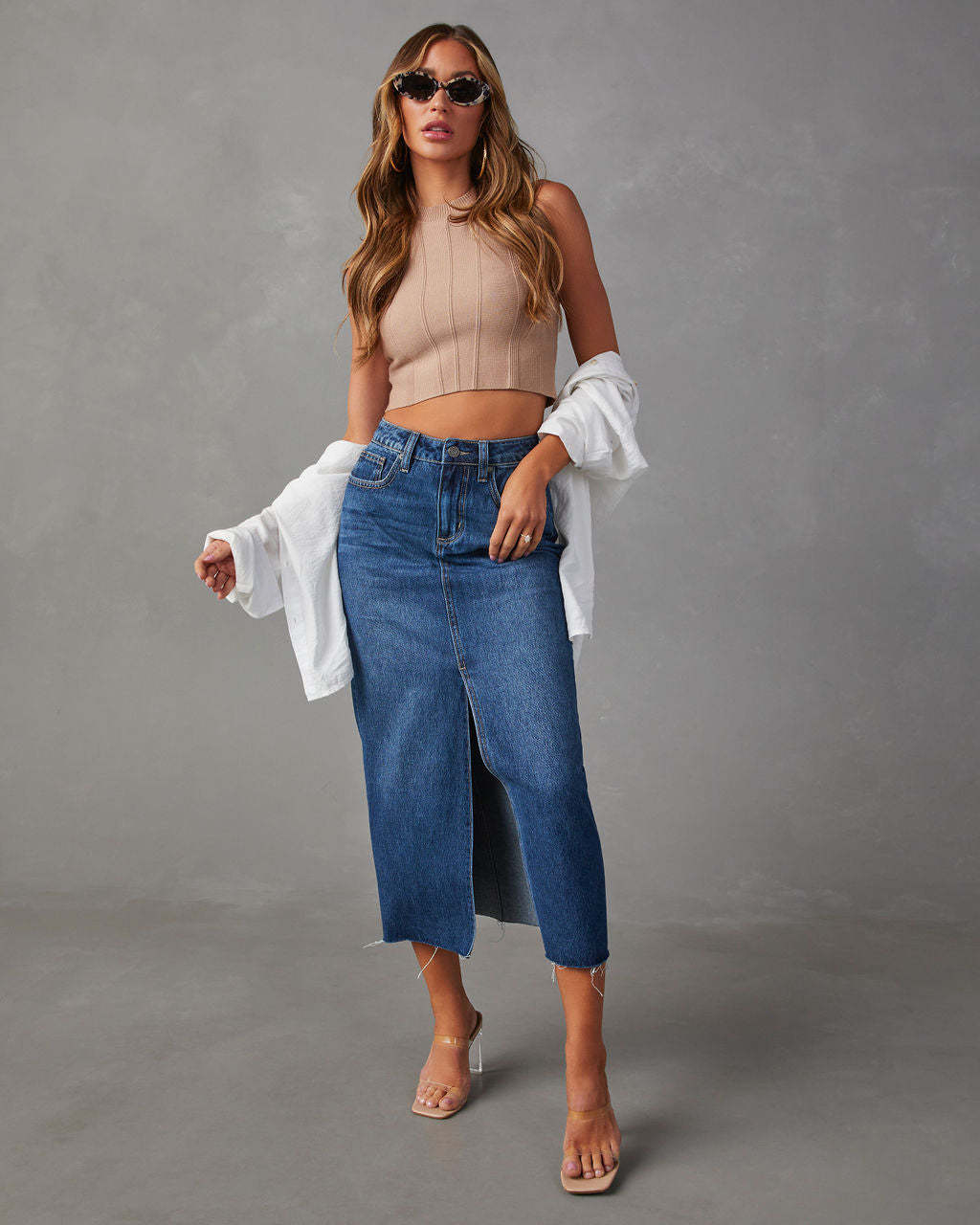 High Waist Mid Length Split Denim Skirt