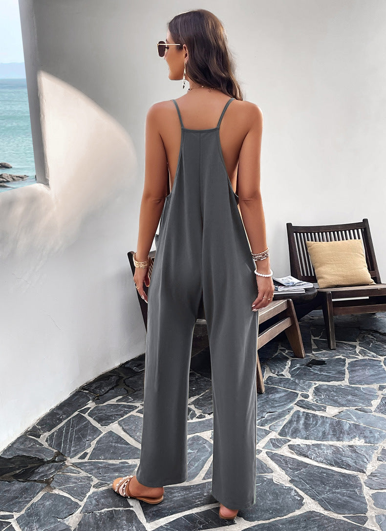 V Neck Loose Pockets Cami Jumpsuit