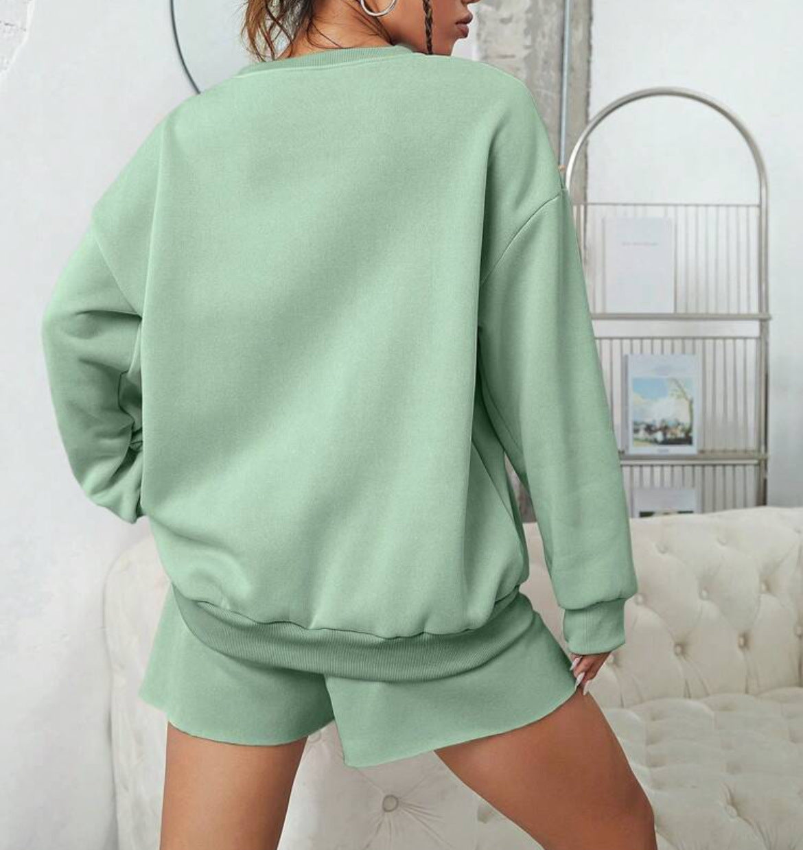 Solid Color Crew Neck Sweatshirt + Shorts Set